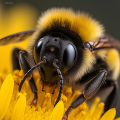 bee on yellow flower. Closeup of the bumblebee.Generative AI illustration