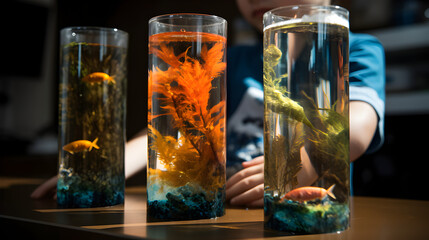 test tube with fish and colored algae, fish, test tube - Generative AI