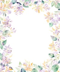 Fototapeta na wymiar Watercolor purple flowers, purple lilac branches and foliage. Botanical illustration in vintage style. Wedding decorations background. Floral background with place for text. Generative AI.