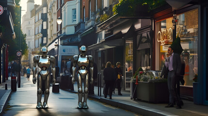 AI Robot Humanoids and Humans Walking On the Streets in a Technological Futuristic World, Futuristic Urban Scenes, Advanced robotics, Robot Servants, Robot Assistants,Human Robots Interactions Coexist