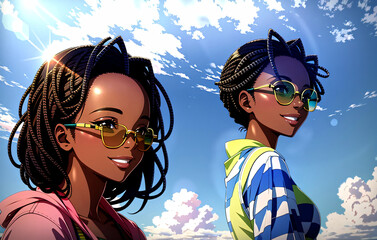 Young african american girl in sunglasses. Portrait of black woman with happy smile in sunny weather. Generative AI.