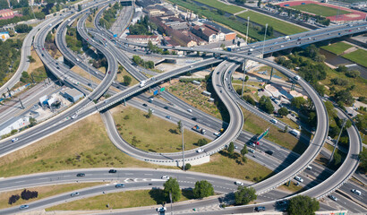 Aerial view of high-level highway interchange in Barcelona, Spain