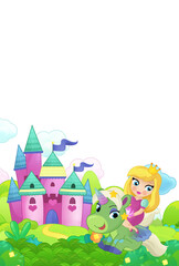 cartoon scene forest with pony horse and fairy princess flying castle isolated illustration for children