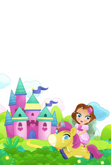 cartoon scene forest with pony horse and fairy princess flying castle isolated illustration for children