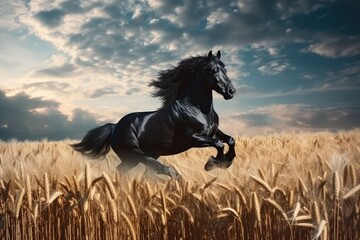 Fototapeta na wymiar Wild Fresian horse in it's natural habitat - generative ai