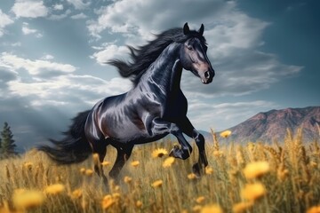Fototapeta na wymiar Wild Fresian horse in it's natural habitat - generative ai