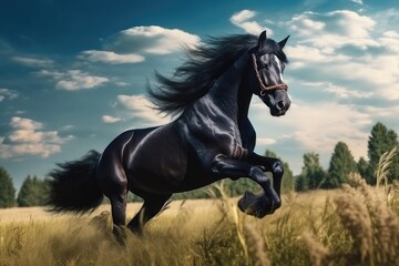 Wild Fresian horse in it's natural habitat - generative ai