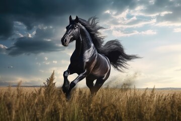 Wild Fresian horse in it's natural habitat - generative ai