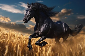 Wild Fresian horse in it's natural habitat - generative ai