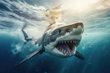 Fototapeta premium Big angry White shark in the ocean Generative AI