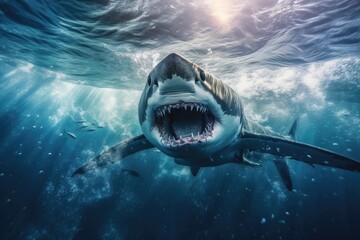 Fototapeta premium Big angry White shark in the ocean Generative AI