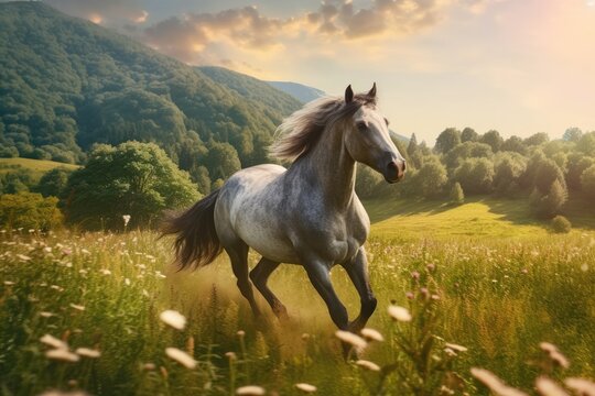 A beautiful horse in a meadow Generative AI
