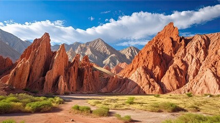 Fototapeta na wymiar Displays of Unique and Beautiful Mountain Desert Landscape in Quebrada de las Conchas, Calchaqui Valley Near Cafayate, Argentina: Generative AI