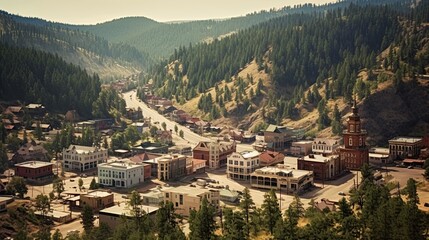 Fototapeta na wymiar Discovering the Wild West: A View from Above of the Historical Town of Deadwood in South Dakota, USA - AR 16:9: Generative AI