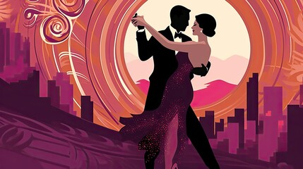 Obraz premium Vintage Art Deco Couple Dancing. Roaring Twenties Nostalgia in Colorful Graphic Apple Green Background: Generative AI