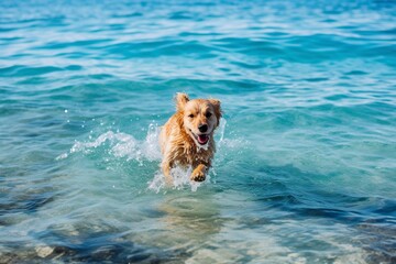 Vigorous dog runs along the beach splashing. Ai generated.
