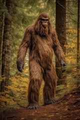 Illustration of a bigfoot or a mythic sasquatch standing in a dark forest. Generative AI. - obrazy, fototapety, plakaty