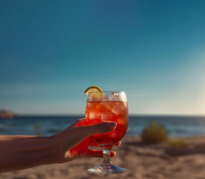 summer poster template with girl holding coattail glass on a beach copy space for text. Generative Ai