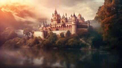 Fototapeta na wymiar Beautiful enchanted magical castle in a fairy tale. Palace landscape on dreamy lake. Princess royalty.