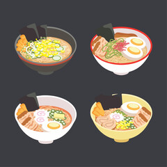 Beef ramen noodles - bowl with noodle, meat pieces and vegetables. Miso, Tonkotsu, Shoyu, Mystic. Hand drawn watercolor vector illustration