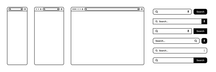 Blank web browser, internet page window with toolbar and search bar, field. Modern website in flat style, line art. Browser mockup for computer, tablet and smartphone. Vector illustration