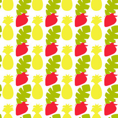 Seamless summer color pattern of abstract shapes.Silhouette of strawberry, pineapple, and palm leaf. Background design, packaging, fabric. Vector illustration...