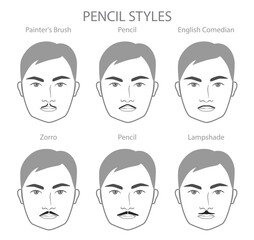 Set of Pencil Beard and mustache with name text style men face illustration Facial hair. Vector grey portrait male Fashion template flat barber. Stylish hairstyle isolated outline on white background.