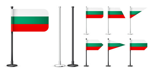 Bulgarian table flags on a black steel pole. Souvenir from Bulgaria. Desk flag made of paper or fabric, shiny metal stand. Mockup for promotion and advertising. Vector illustration