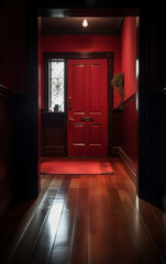 A hallway in a suburban home with a polished dark hardwood floor and a red front door. Generative AI
