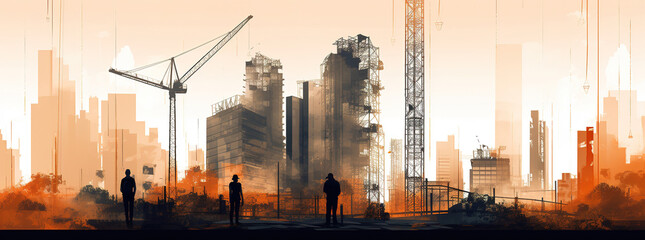 Illustration digital building construction engineering with double exposure graphic design. Building engineers, architect people, or construction workers working. Generative AI