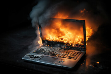 A burning laptop in a dark environment. Generative AI