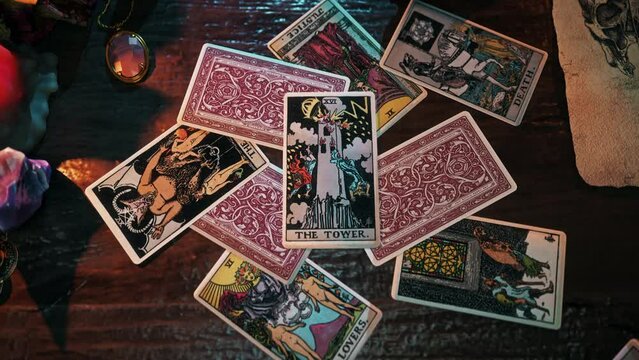 Beijing, China - November 1, 2014. Ancient card reading ritual forecasting the possible changes. Ancient ritual predicting the changes using tarot deck. Ancient change telling ritual on The Tower Card