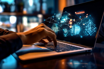  Laptops with holographic graphics representing business technology and KPIs. generative with AI