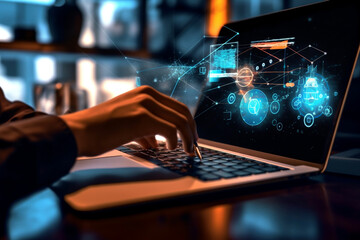  Laptops with holographic graphics representing business technology and KPIs. generative with AI