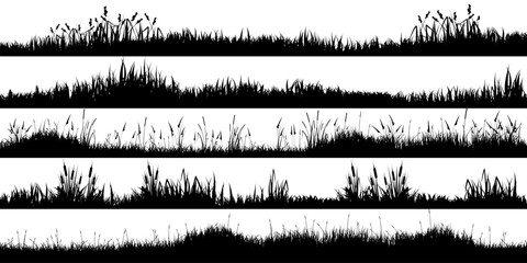 Meadow silhouettes with grass, plants on plain. Panoramic summer lawn landscape with herbs, various weeds. Herbal border, frame element. Black horizontal banners. Vector illustration © 32 pixels