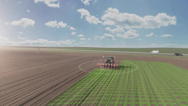 Agricultural autonomous combine harvester, moving across the field, controlled by artificial intelligence