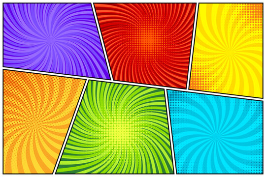 Colorful twisted comic book radial rays, lines. Comics background with motion, speed lines. Pop art style elements. Vector illustration