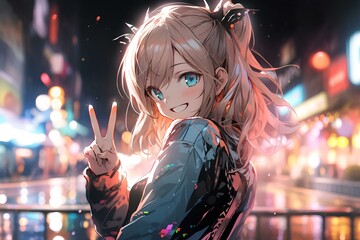 Obraz premium happy and beautiful anime girl smiling and showing a peace sign in the street, wearing a windbreaker, colorful art style. generative AI