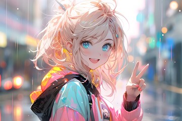 happy and beautiful anime girl smiling and showing a peace sign in the street, wearing a windbreaker, colorful art style. generative AI - obrazy, fototapety, plakaty