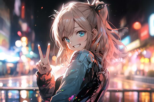happy and beautiful anime girl smiling and showing a peace sign in the street, wearing a windbreaker, colorful art style. generative AI