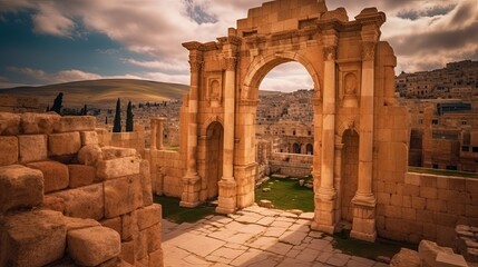 Discovering the Wonder of Jerash: View of the Ancient Nymphaeum Arch in the East Jordanian Town: Generative AI