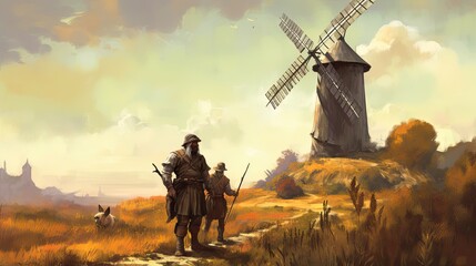 Don Quixote: A Classic Spanish Tale Illustrated with Quirky Characters of Don Quixote and Sancho Panza Amidst a Windmill and Rider: Generative AI