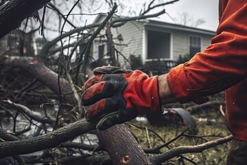 In The Aftermath: Man Pulling Tree Branches with Red Gloves After Stormy Weather in Local Community: Generative AI