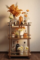 Modern Interior Mini Bar Trolley with Alcohol and Dried Flowers â€“ Masculine Design for Whiskey, Cocktails and Vodka. Generative AI