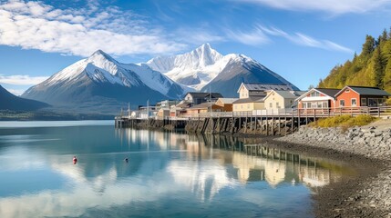 Haines, Alaska: An Enchanting Respite in the Southeast Panhandle with Historic Buildings Framed by Beautiful Blue Skies and Stunning Mountain Views: Generative AI