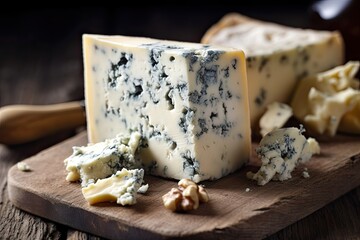Mold Cheese. Blue Cheese Gorgonzola Ageing on Wooden Background. Epicure Fungal Dairy Food with Copyspace: Generative AI