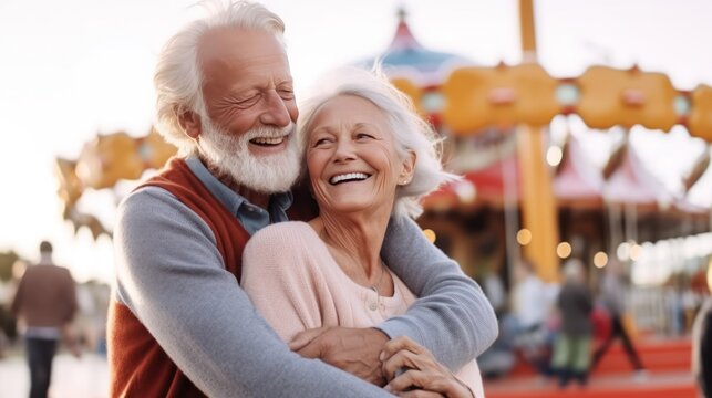 Happy senior couple embracing in the theme park. Smiling elderly couple hugging in amusement Theme park. Generative AI.