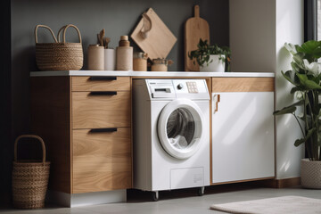 Contemporary laundry room with energy-efficient washer and dryer set for a more sustainable lifestyle. AI Generative technology makes it possible.