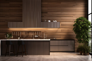 Obraz na płótnie Canvas modern kitchen design with wooden cladding 