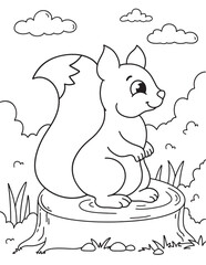 Cute squirrel with a nut in its paws for coloring page or book. Cartoon wild animal character. Black and white vector